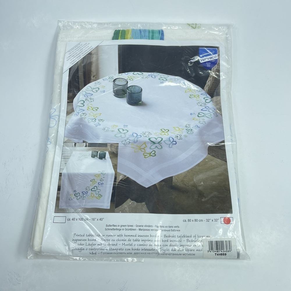 Vervaco Butterflies In Green tones Cross Stitch Kit Tablecloth 32x32 Belgium New